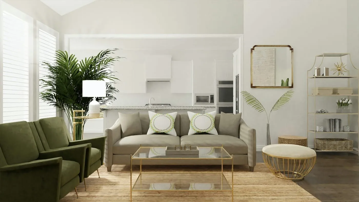 A small living room with the sofa floated slightly from the wall and a correctly scaled coffee table