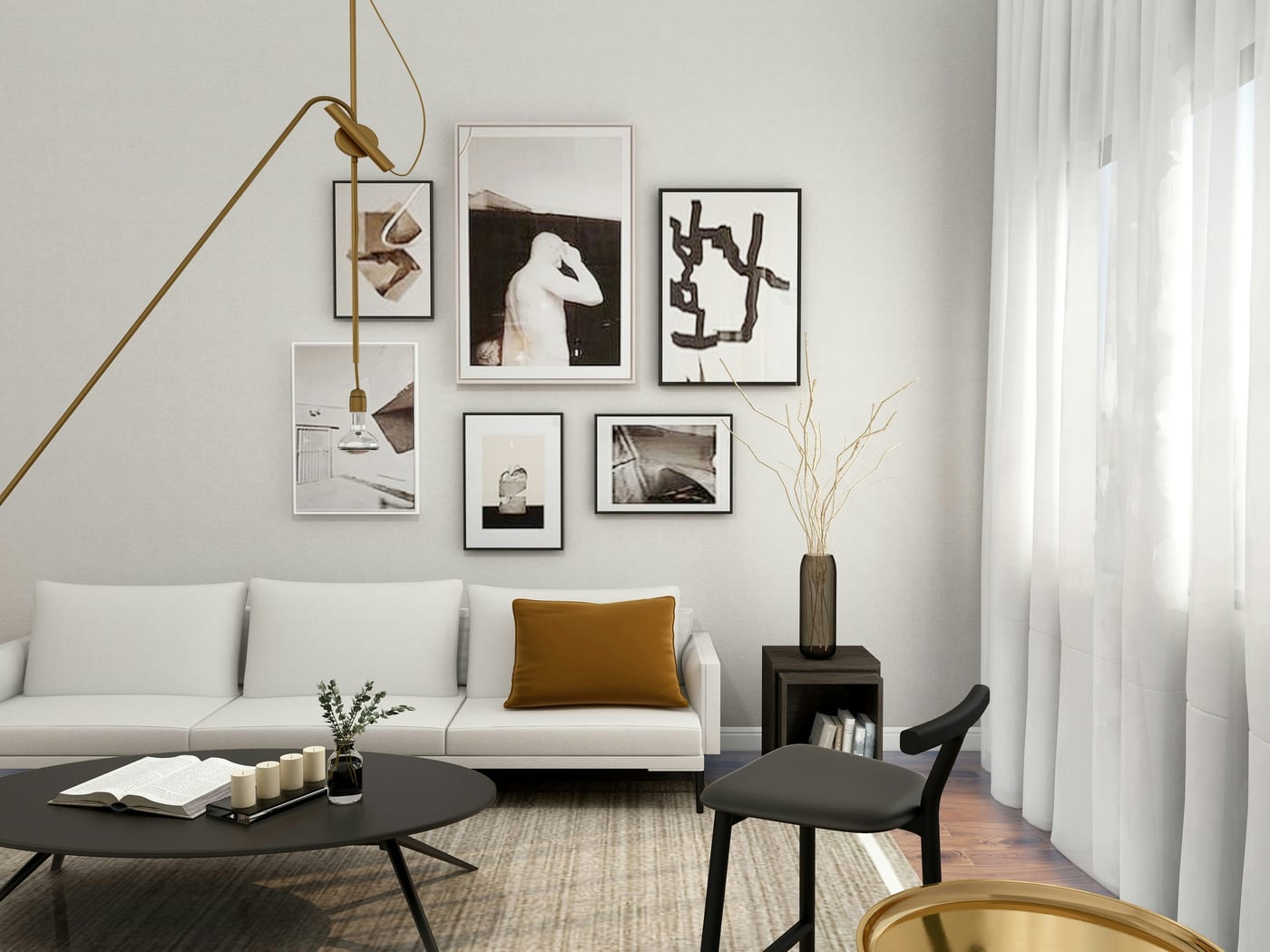 Throw cushions and a draped blanket adding warmth and colour to a small apartment living room sofa