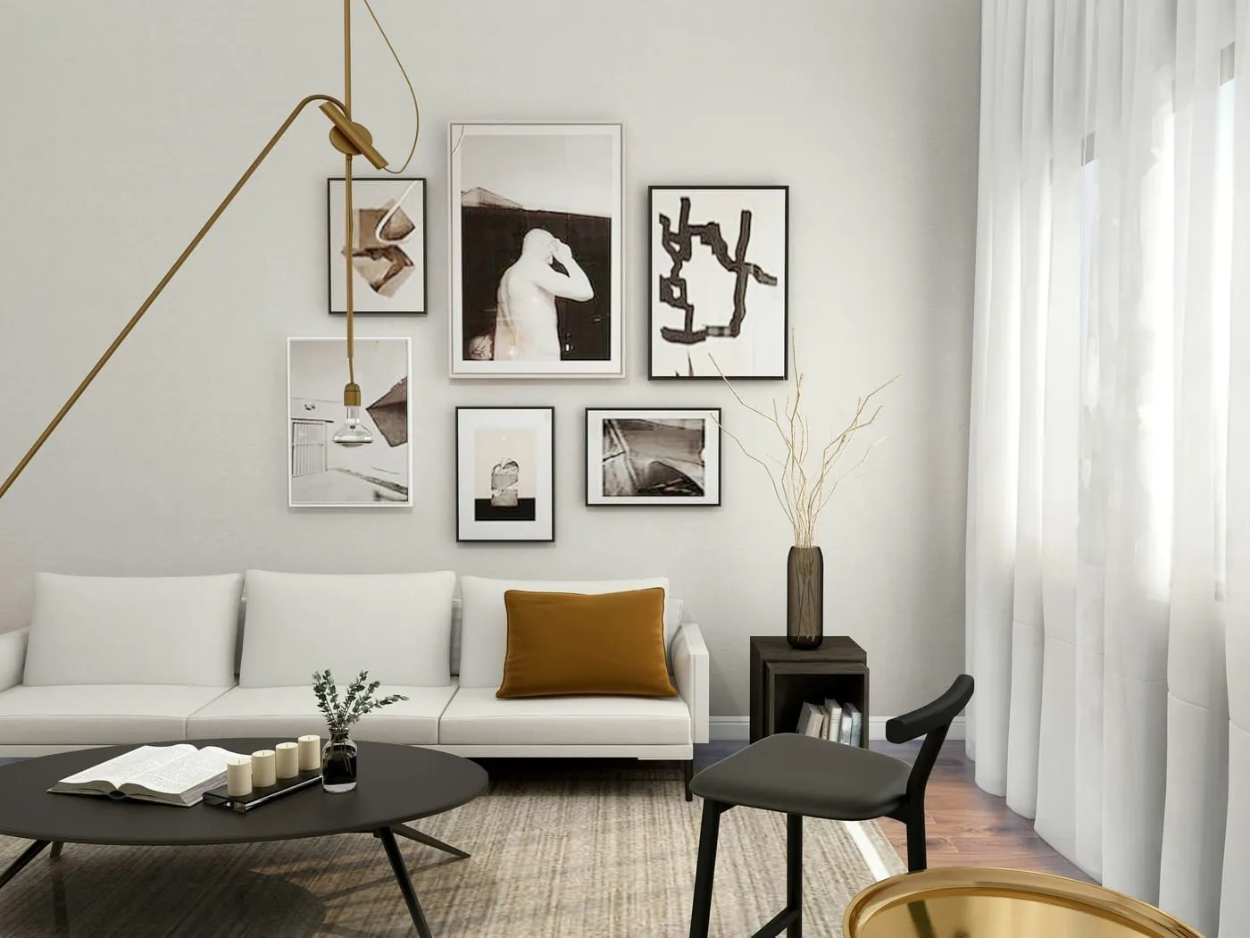 Throw cushions and a draped blanket adding warmth and colour to a small apartment living room sofa