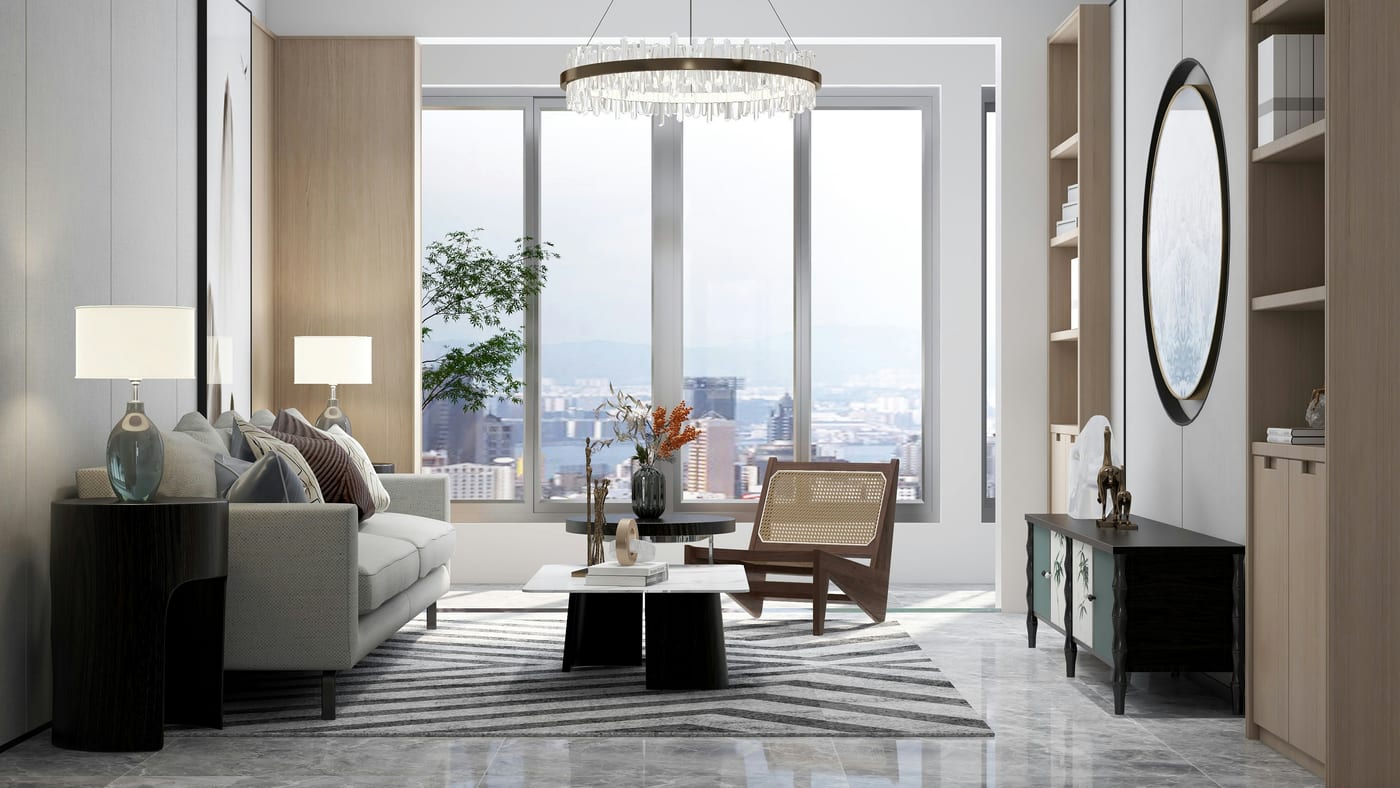 A minimalist apartment living room with clear surfaces — every object intentional, nothing left as clutter