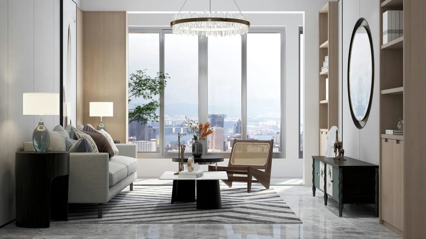 A minimalist apartment living room with clear surfaces — every object intentional, nothing left as clutter
